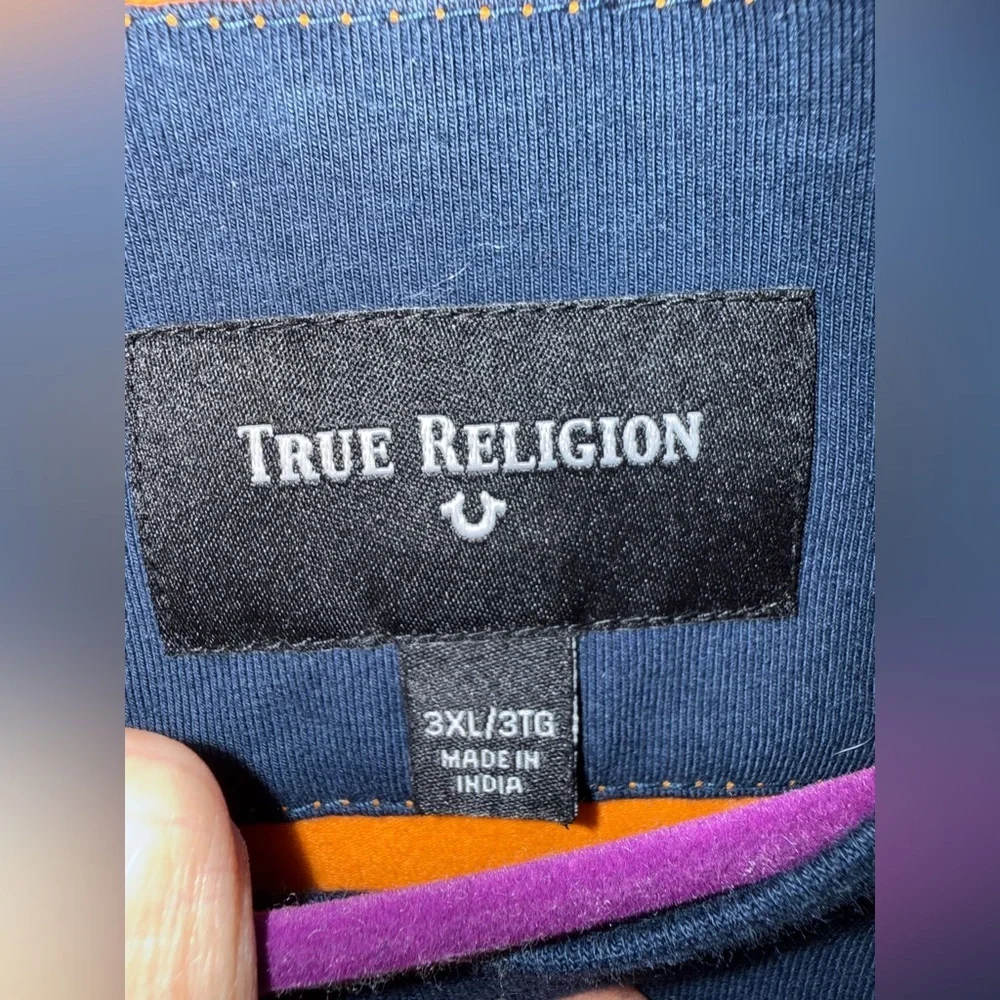 True Religion Mens Colorblock Panel Tee, 98% Cotton, Navy And Orange 3XL